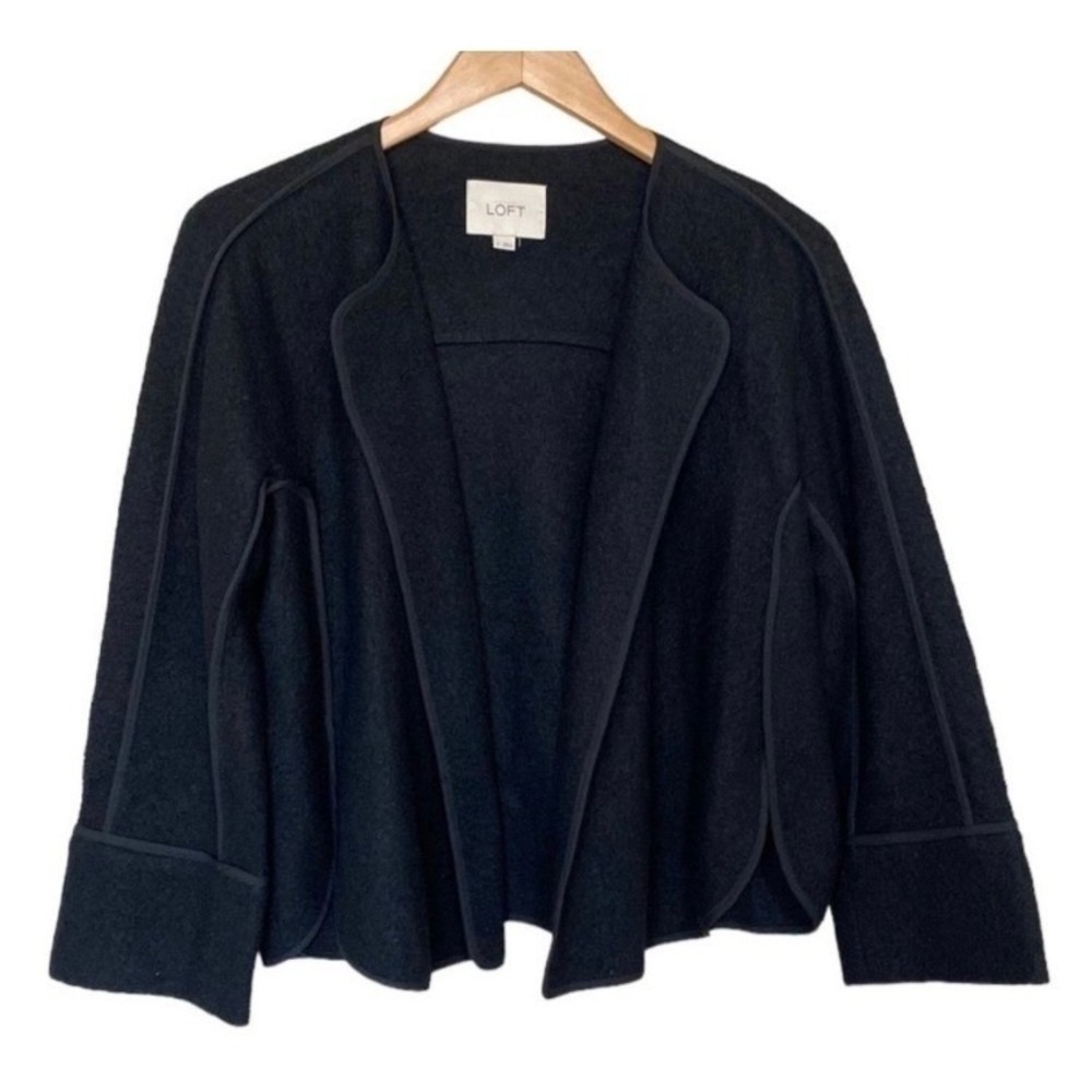 LOFT Black Open Collarless Blazer Cropped Jacket Women's XS Rayon Wool Blend